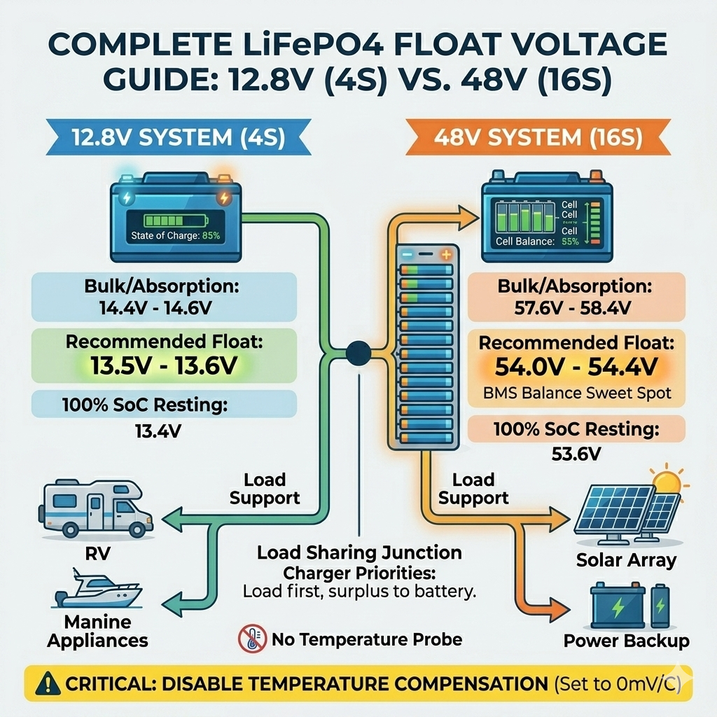 News 18 Comparison of recommended float voltage and absorption settings for 12.8V 4S and 48V 16S LiFePO4 systems News