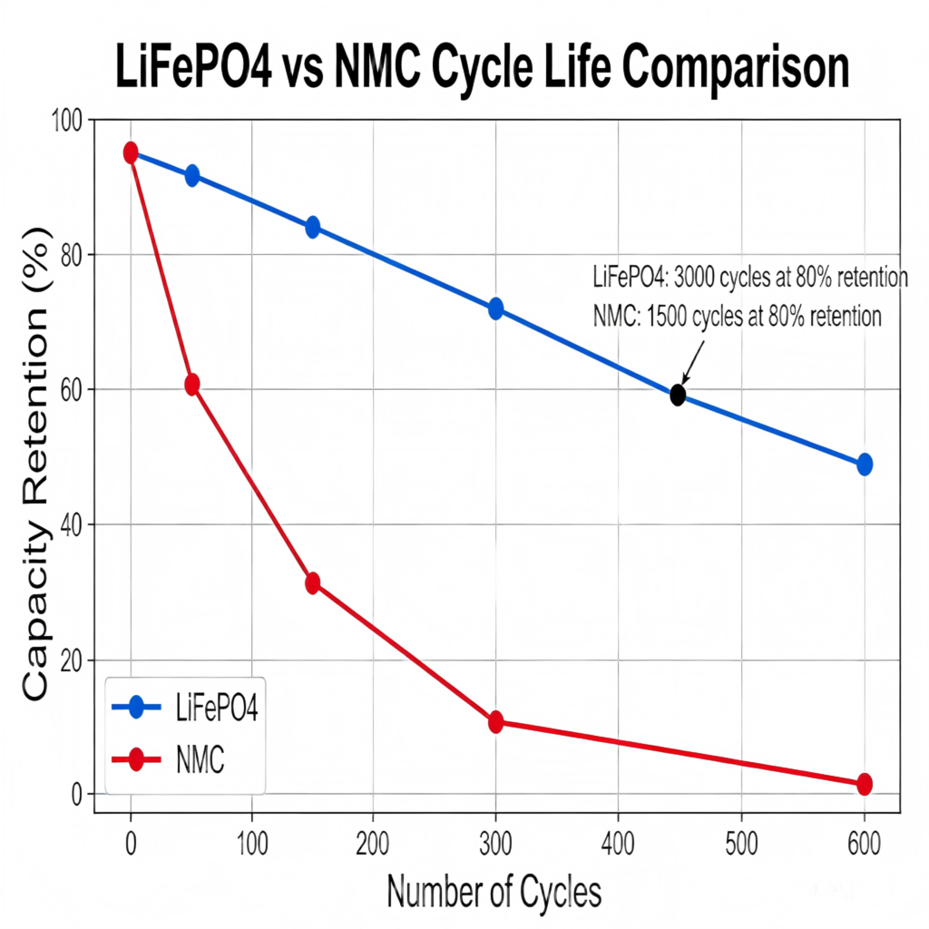 LiFePO4 बनाम NMC साइकLiFePO4 बनामएनएमसीअपने एएमआर बेड़े के लिए सही बैटरी रसायन का चयन करना LiFePO4 vs NMC Cycle Life Comparison 2 LiFePO4 vs. NMC: Choosing the Right Battery Chemistry for Your AMR Fleet