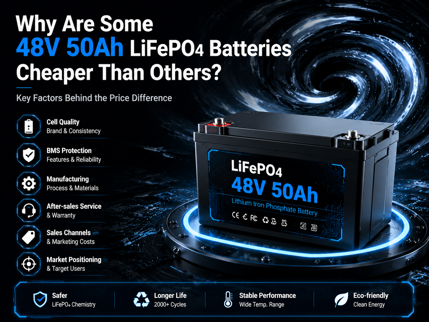 Why 48V 50Ah LiFePO₄ Batteries Vary in Price 1 48V 50Ah LiFePO4 Battery HighTech Infographic 4 3 Why 48V 50Ah LiFePO₄ Batteries Vary in Price