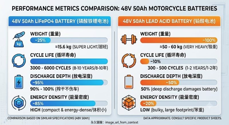 Performance Metrics Comparison 1 Can a 48V 50Ah LiFePO4 Battery Be Used for a Motorcycle? In-Depth Analysis and Conversion Guide