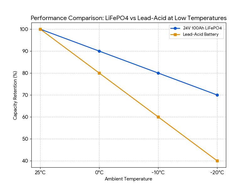 Why 24V 100Ah LiFePO4 Batteries Outperform Lead-Acid in Low Temperatures 1 24V 100Ah Why 24V 100Ah LiFePO4 Batteries Outperform Lead-Acid in Low Temperatures