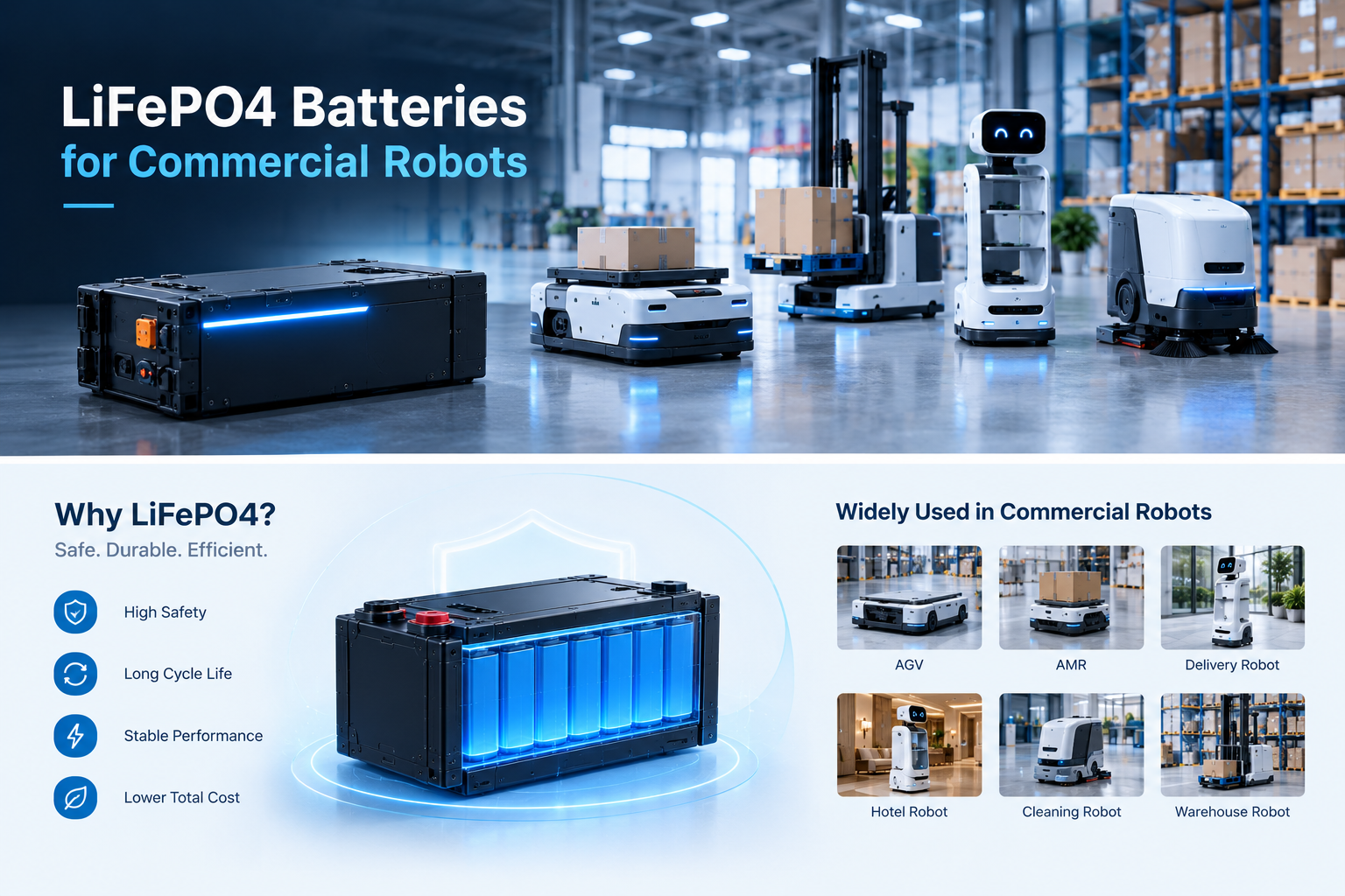 LiFePO4 Batteries for Commercial Robots: Why LFP Is Becoming a Key Power Solution 1 LiFePO4 66 LiFePO4 Batteries for Commercial Robots: Why LFP Is Becoming a Key Power Solution